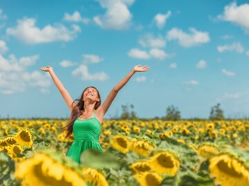 Frau steht in Sonnenblumen-Feld und streckt Arme in den blauen Himmel | © AdobeStock/Maridav