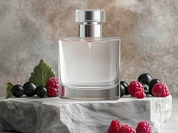 Parfum-Flakon steht auf einem Stein umgeben von Himbeeren | © Adobe Stock/Vadym/KI-generiert