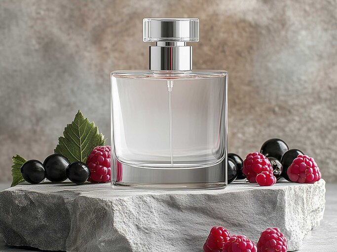 Parfum-Flakon steht auf einem Stein umgeben von Himbeeren | © Adobe Stock/Vadym/KI-generiert