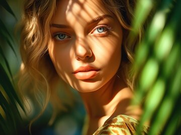 Hübsche Frau mit blonden Haaren und blauen Augen hinter Palmenblättern | © AdobeStock/remake