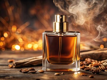  Nahaufnahme einer Flasche rauchigen Parfums mit luxuriöser und sinnlicher Ausstrahlung. | © Adobe Stock/Triple P/KI generiert