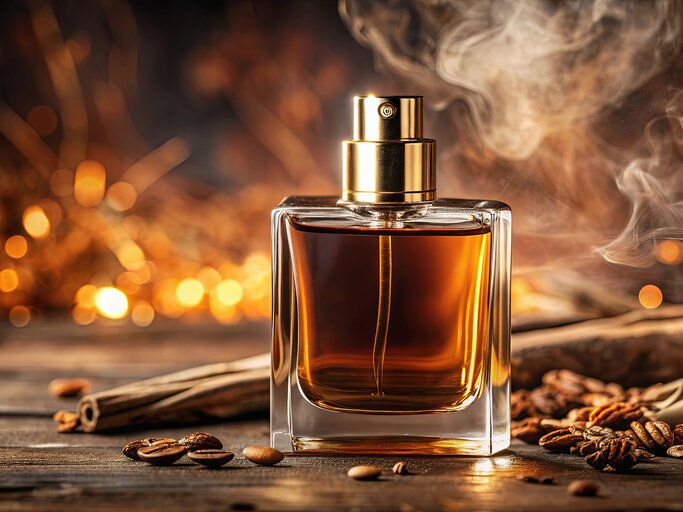  Nahaufnahme einer Flasche rauchigen Parfums mit luxuriöser und sinnlicher Ausstrahlung. | © Adobe Stock/Triple P/KI generiert