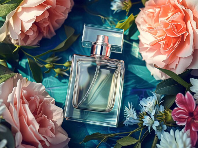 Parfum in Blumen von oben fotografiert | © Adobe Stock/Anneleven/KI generiert