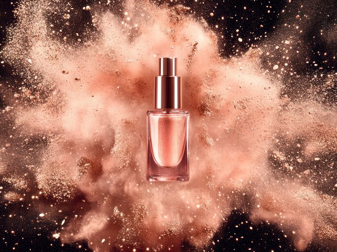 Parfum-Flakon vor rosa Puder-Explosion | © AdobeStock/bani/Mit KI generiert