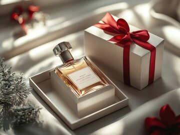 Elegante Parfümflasche, die in der Nähe einer Weihnachtsgeschenkbox liegt | © Adobe Stock/kardaska/Generiert mit KI