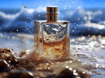 Parfum-Flakon steht am Strand im Wasser | © Adobe Stock/Lubos Chlubny/KI generiert