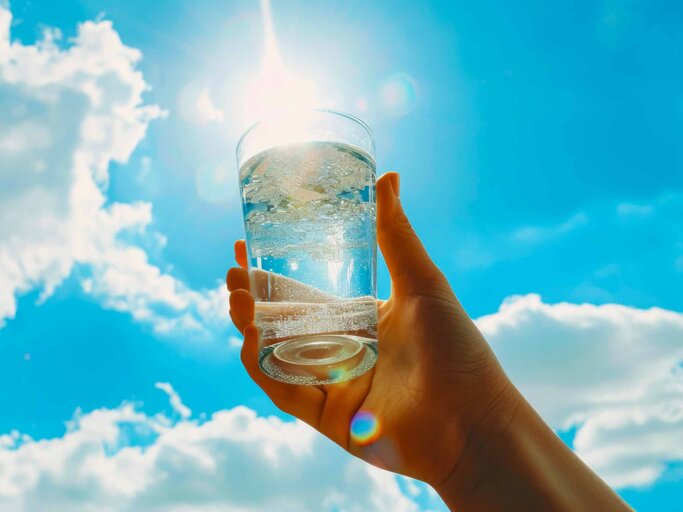 Glas Wasser vor blauem Himmel | © Adobe Stock/Ed/KI generiert