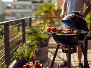 Ein Mann, den man nicht erkennt, steht auf einem Balkon und grillt. | © Adobe Stock/Alexander