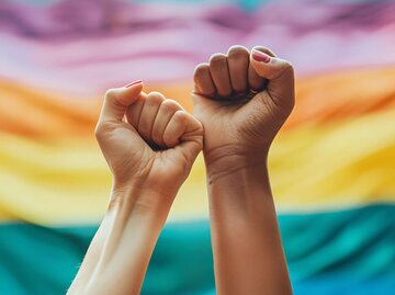 Zwei Fäuste vor einen Pride Flagge | © Adobe Stock/Jess rodriguez/KI