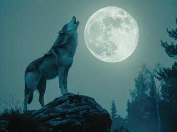 Ein Wolf mit grauem Fell heult auf einem Felsen vor einem leuchtenden Vollmond, umgeben von düsteren Bäumen im Nebel. | © Adobe Stock/darshika/Mit KI generiert