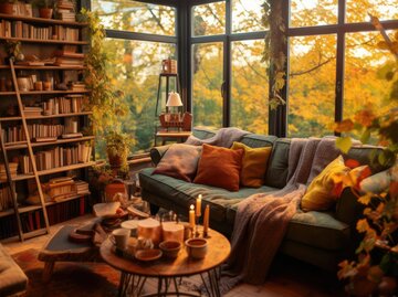 Herbstliches und gemütliches Wohnzimmer mit großem Bücherregal | © AdobeStock/irissca/Mit KI generiert