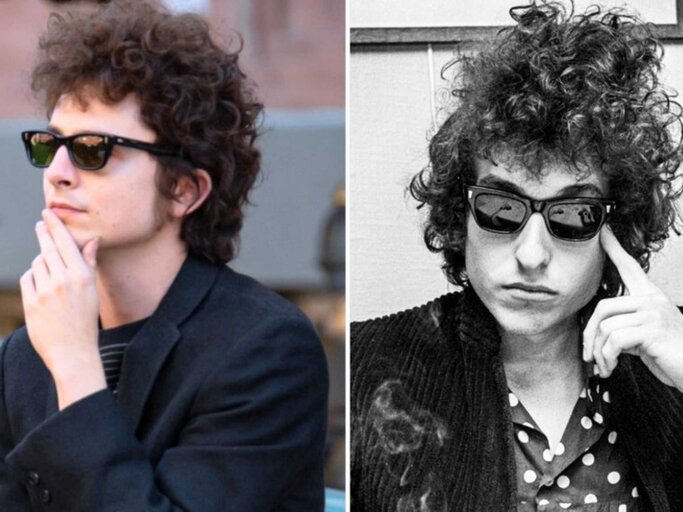 Timothée Chalamet 2024 als Bob Dylan und rechts Bob Dylan im Jahr 1966.  | © METROPOLIS/Bauer-Griffin/GC Images / imago images/TT