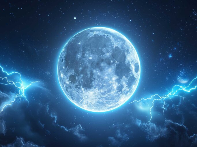 Vollmond am blauen Himmel mit Blitz und Donner | © Adobe Stock/Yana Buzhynska