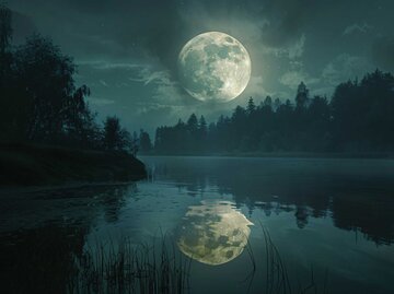 Ein großer Vollmond beleuchtet eine mystische Waldlandschaft am See, dessen glatte Oberfläche den Mond klar reflektiert. | © Adobe Stock/Michael/KI generiert