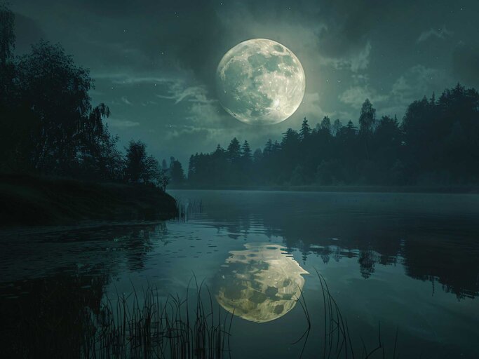 Ein großer Vollmond beleuchtet eine mystische Waldlandschaft am See, dessen glatte Oberfläche den Mond klar reflektiert. | © Adobe Stock/Michael/KI generiert