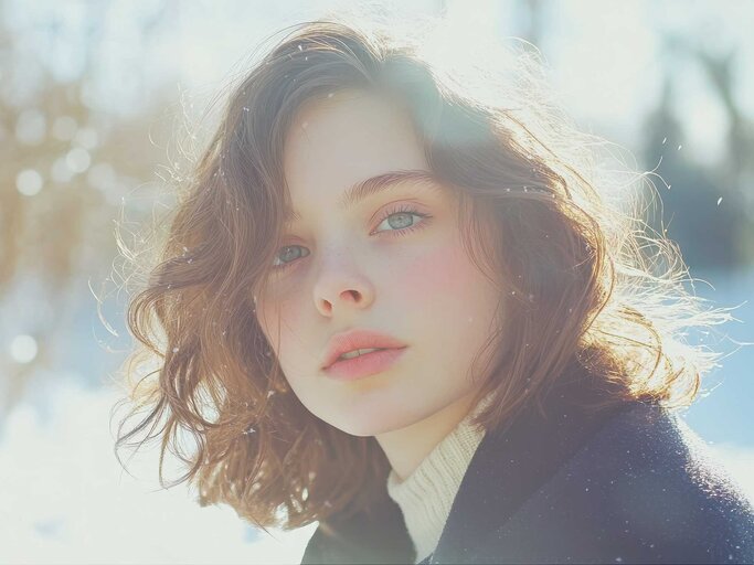 Junge Frau mit welligem braunem Haar und hellem Teint blickt bossy in die Kamera, winterliche Landschaft mit Sonnenstrahlen im Hintergrund. | © Adobe Stock/otter2/KI generiert