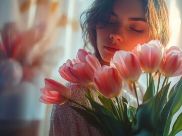 Junge Frau hält Tulpenstrauß in den Händen, von hinten wird sie von warmen Sonnenlicht angeschienen. | © Adobe Stock/Tamara/Mit KI generiert