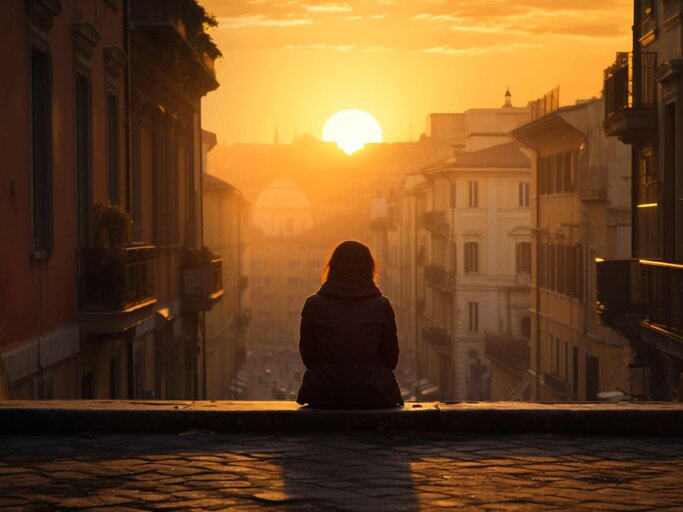 Frau sitzt vor Sonnenuntergang | © Adobe Stock /CROCOTHERY/KI generiert