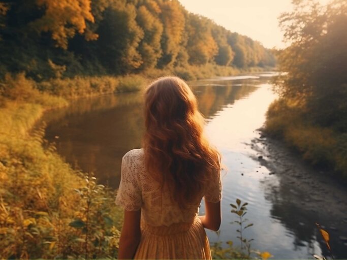 Schöne junge Frau steht in einem herbstlichen Wald | © Midjourney/Maxi Baumgärtner (Hinweis: Dieses Bild wurde mit KI erstellt)