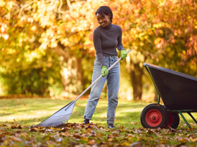 Frau beim Laubrechen im Garten  | © AdobeStock/Monkey Business