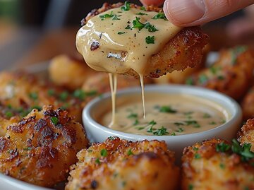 Ein Polenta Bällchen mit Dip | © Adobe Stock/Graph Squad/KI