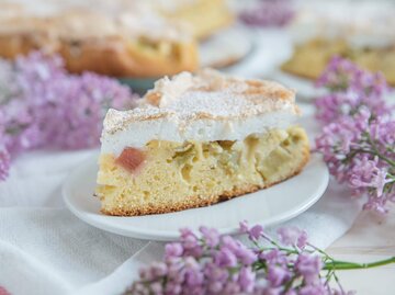 Stück Rhabarberkuchen auf einem Teller serviert | © Getty Images/A_Lein