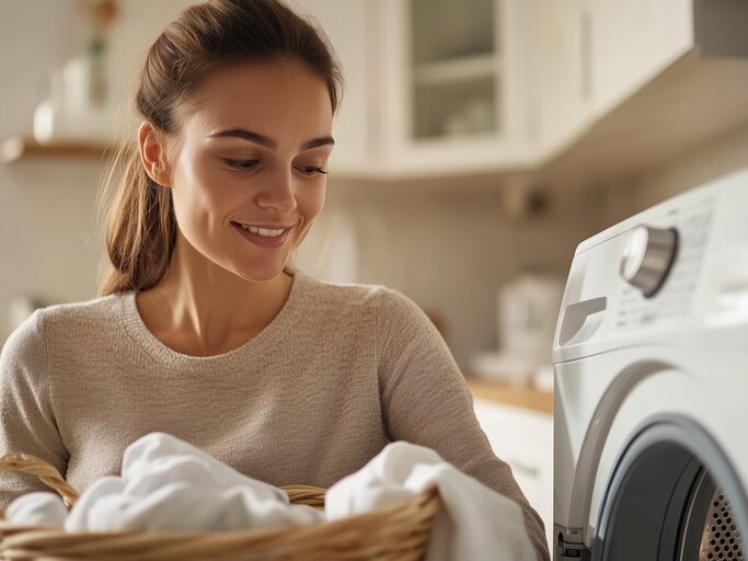 Frau mit Wäsche vor Waschmaschine | © AdobeStock/Business Image