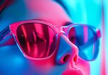 Junge Frau mit großer Sonnenbrille schaut nach oben, ihr Gesicht von intensiven blauen und pinken Neonlichtern beleuchtet. | © Adobe Stock/克 杜/KI generiert