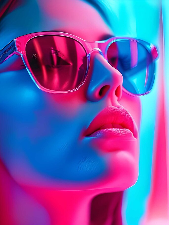 Junge Frau mit großer Sonnenbrille schaut nach oben, ihr Gesicht von intensiven blauen und pinken Neonlichtern beleuchtet. | © Adobe Stock/克 杜/KI generiert