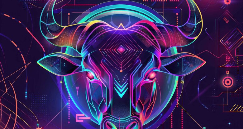 Die Silhouette eines Stier-Kopfes in Neon-Farben vor einem dunklen Hintergrund soll für das Mondzeichen stehen. | © Adobe Stock/P/Mit KI generiert