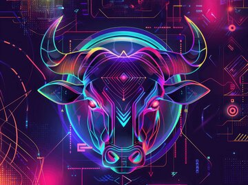 Die Silhouette eines Stier-Kopfes in Neon-Farben vor einem dunklen Hintergrund soll für das Mondzeichen stehen. | © Adobe Stock/P/Mit KI generiert