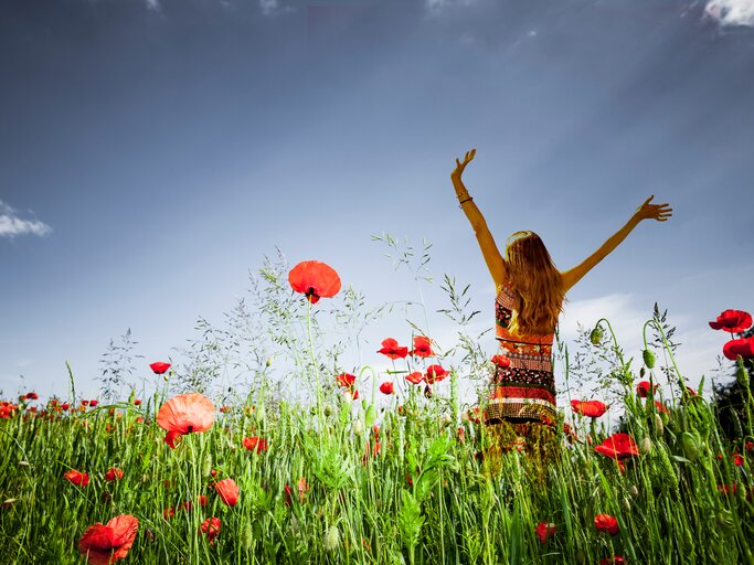 Frau steht im sommerlichen Mohnfeld | © GettyImages/ by-studio