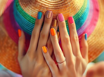 Gebräunte Hände mit sommerlichen Nagellack-Farben | © AdobeStock/Chiradet/Generiert mit KI