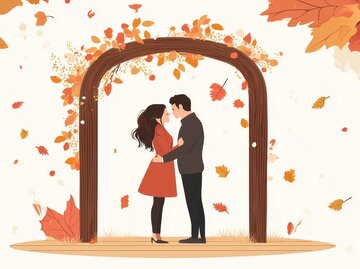 Illustration eines verliebten Pärchens mit herbstlichem Hintergrund | © AdobeStock/Media Srock/Mit KI generiert