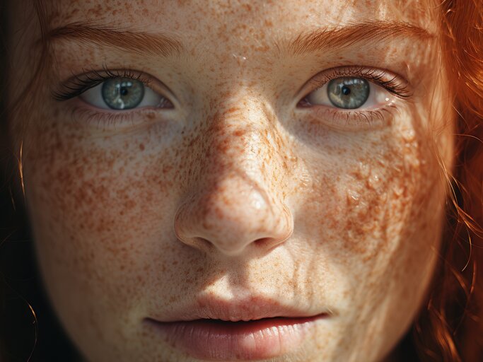 Rothaarige Frau mit hellblauen Augen | © AdobeStock/familymedia/Mit Ki generiert