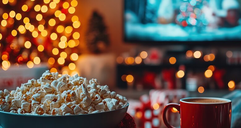 Weihnachtliches Wohnzimmer mit Popcorn und heißer Schokolade | © AdobeStock/Tik/Mit KI generiert