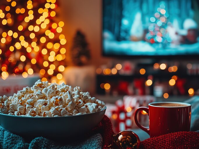 Weihnachtliches Wohnzimmer mit Popcorn und heißer Schokolade | © AdobeStock/Tik/Mit KI generiert