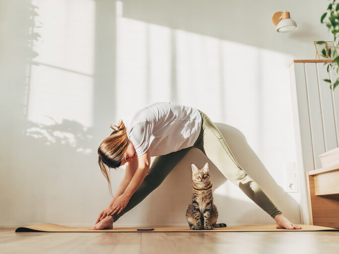 Frau macht Yoga mit ihrer Katze | © GettyImages/	Kseniya Ovchinnikova